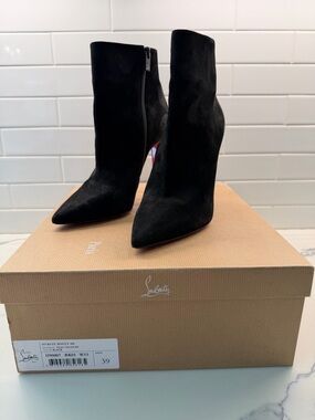 Christian Louboutin Black Suede Pointed Ankle Boots with Red Sole